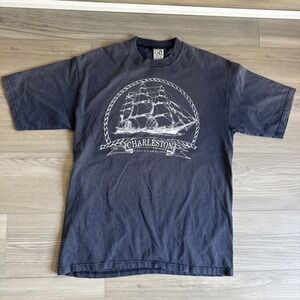 Vintage 90s‎ Charleston South Carolina Striped Shirt Men's L Blue Sailboat USA